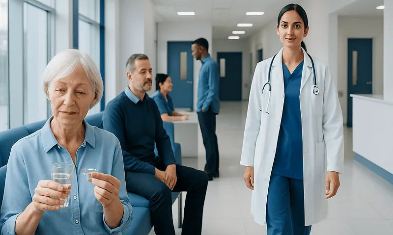 Healthcare professionals and patients in a modern hospital corridor.