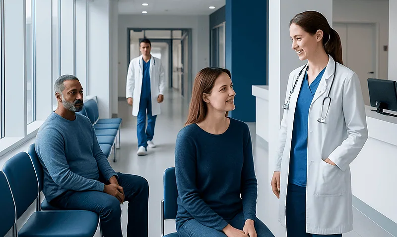 Doctor talking to patients in a hospital waiting area.