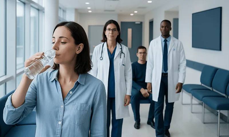 Woman drinking water in hospital corridor with medical staff in background.