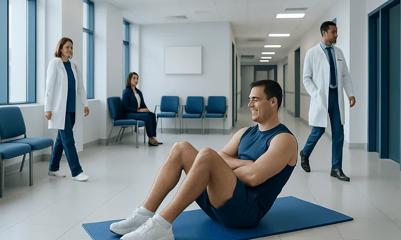 Patient doing sit-ups in a hospital corridor with medical staff nearby.