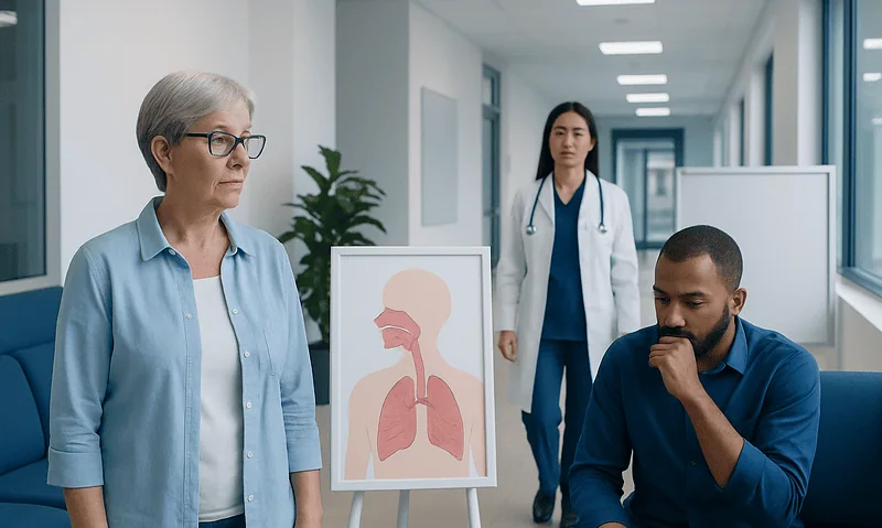 Doctor explaining respiratory system to patient in hospital corridor.