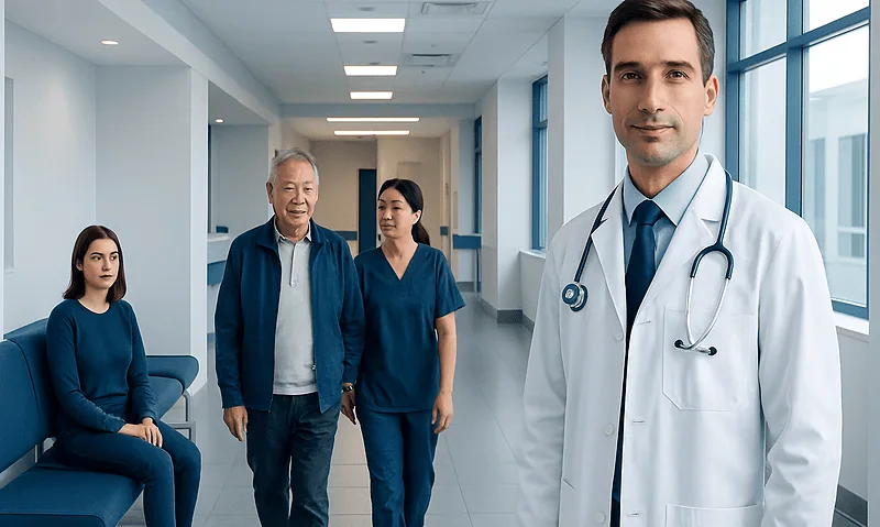 Medical team with doctor and patients in hospital corridor.