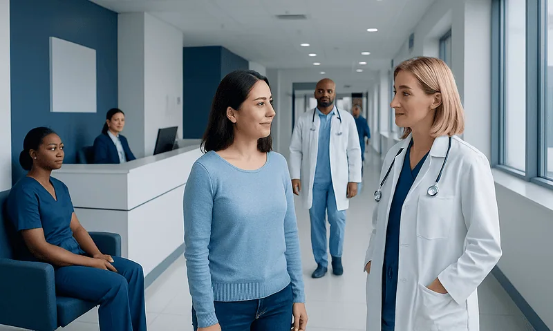Female patient talking to doctor in hospital corridor with staff in background.