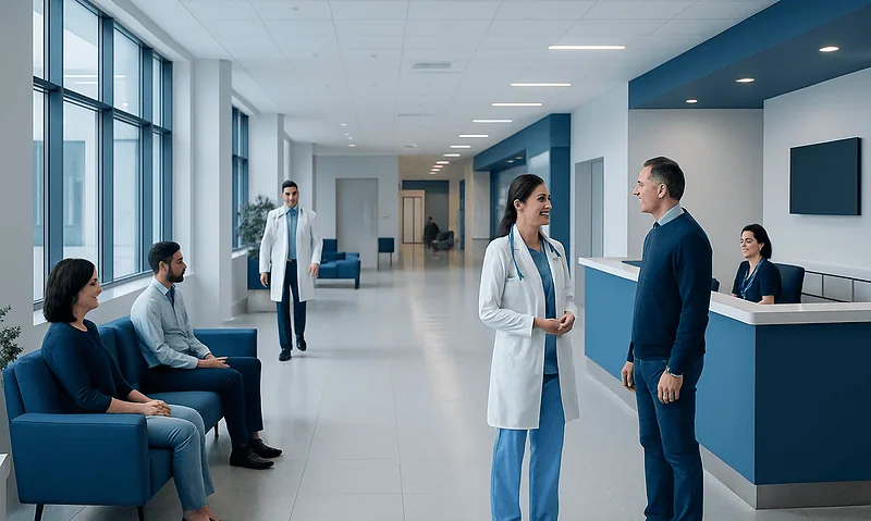 Hospital reception area with medical staff and patients in a modern facility.
