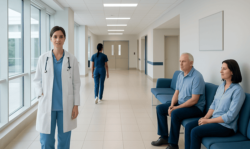 Healthcare professionals and patients in a modern hospital corridor.