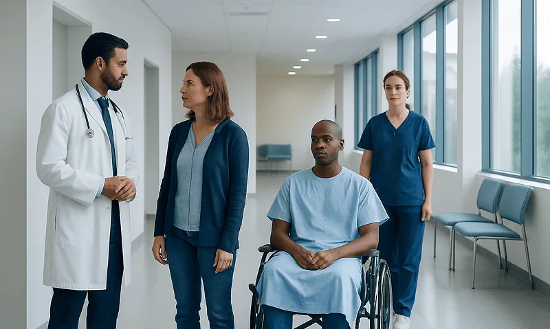 Medical team discussing patient care in hospital corridor.