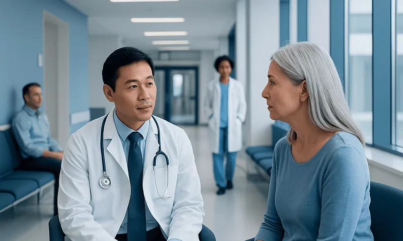 Doctor consulting with a female patient in a hospital corridor.