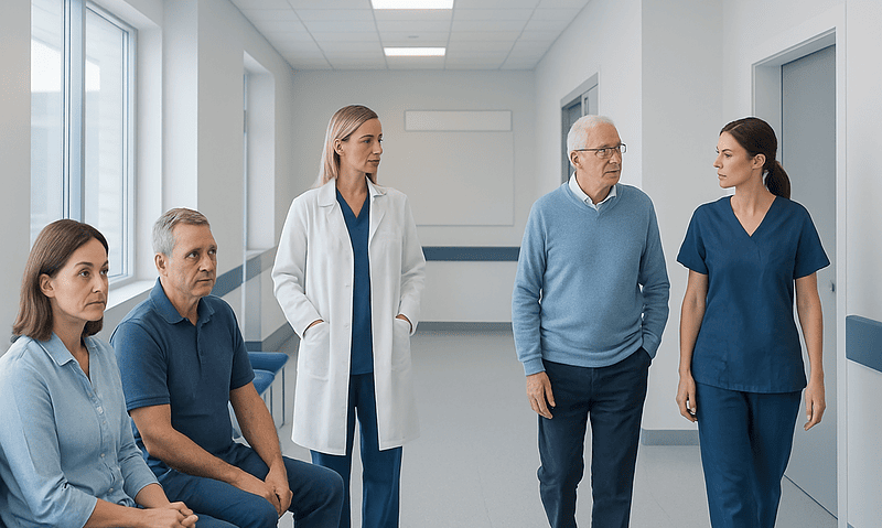 Medical team discussing patient care in hospital corridor.