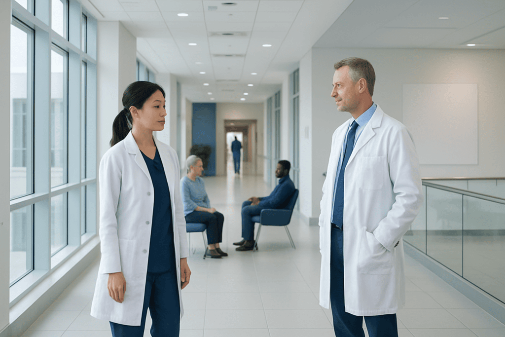 Neuro-Ophthalmology vs General Ophthalmology: Which Specialist Should You See? 1 Doctors discussing patient care in a modern hospital corridor.