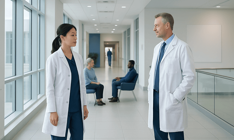 Doctors discussing patient care in a modern hospital corridor.
