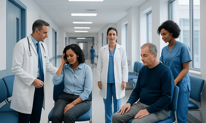 Medical team consulting patients in a hospital corridor.