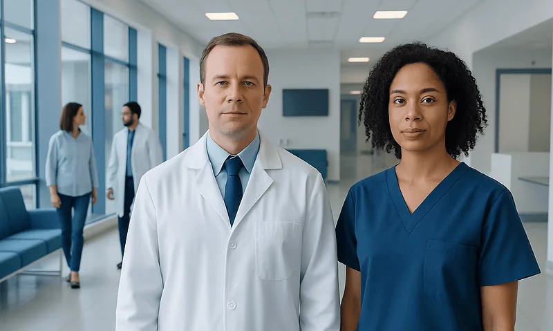 Medical professionals in hospital corridor, Otologist and Neurotologist specialists.