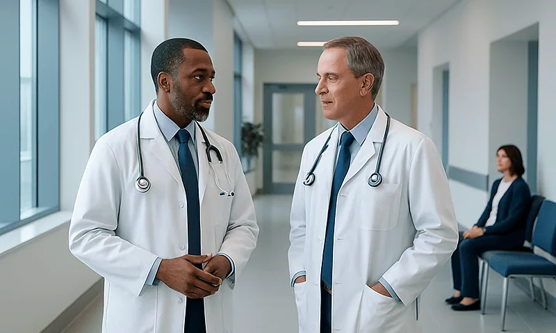 Two doctors having a discussion in a hospital corridor.