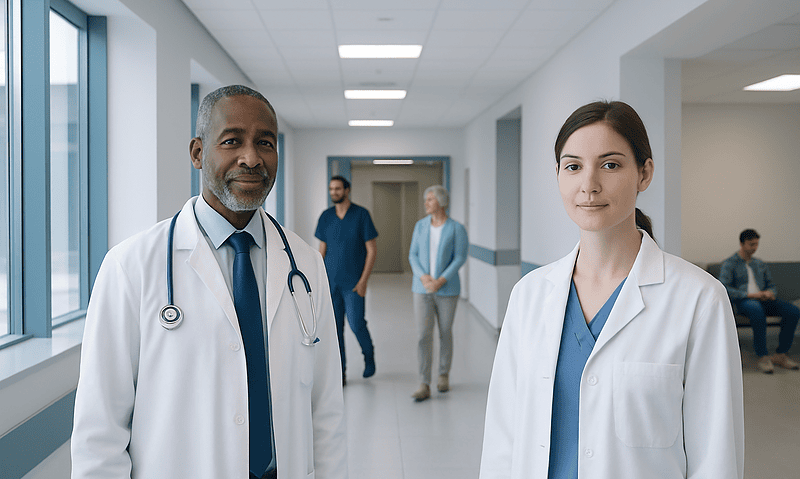 Diverse medical team in hospital corridor with doctors and staff.