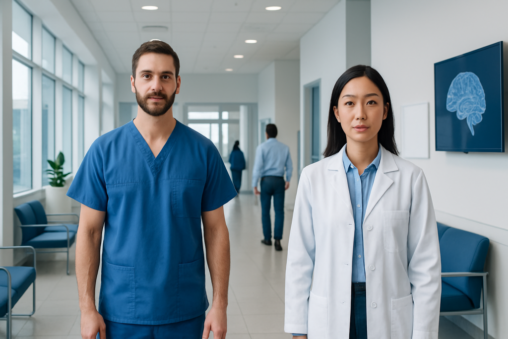 Neuroradiology vs Neurosurgery: How Diagnosis and Treatment Roles Differ 1 Medical professionals in hospital corridor with brain scan image on screen.