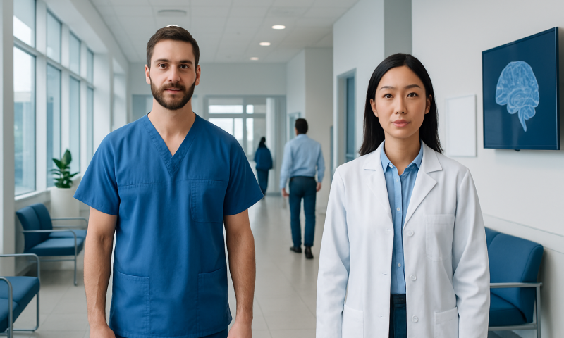 Medical professionals in hospital corridor with brain scan image on screen.