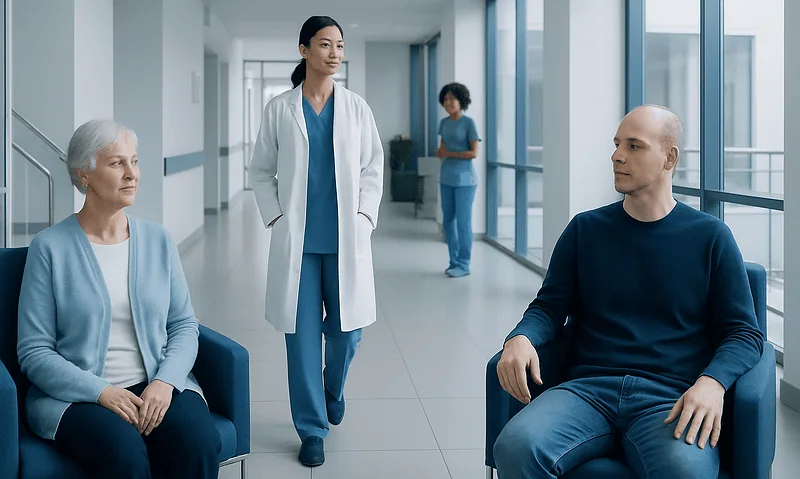 Medical professionals consulting with patients in a hospital corridor.