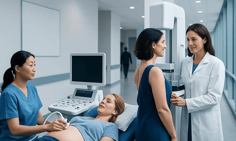 Medical professionals perform breast imaging with ultrasound at Acibadem Hospital.