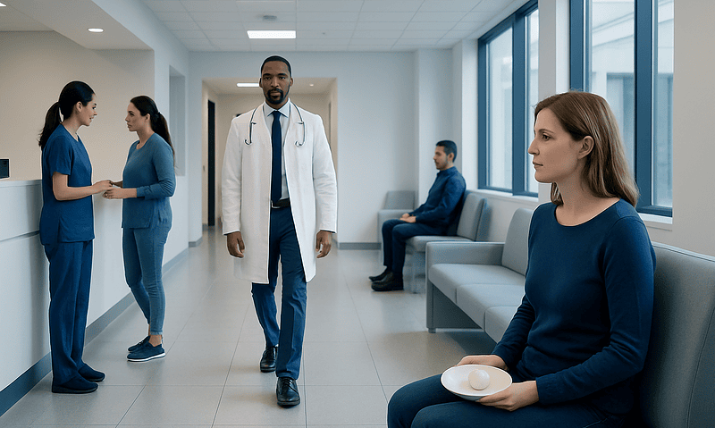 Medical professionals and patients in a hospital corridor at Acibadem Hospitals Group.
