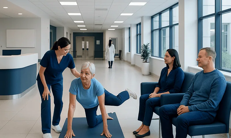 Physical therapy session with elderly patient at Acibadem Hospital.