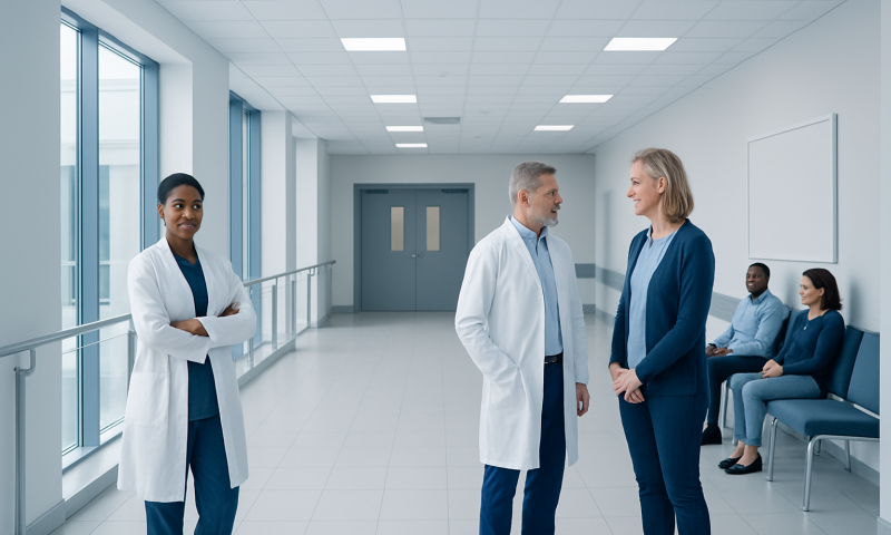 Medical professionals and patients in a hospital corridor at Acibadem Hospitals Group.