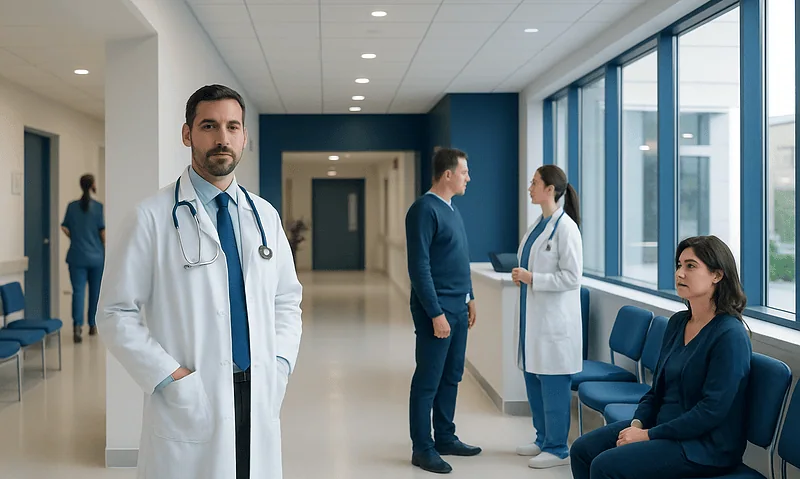 Medical professionals and patients in a modern hospital corridor.