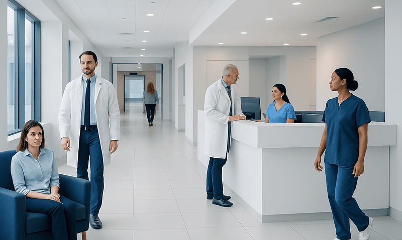 Medical staff and patients in a modern hospital reception area.