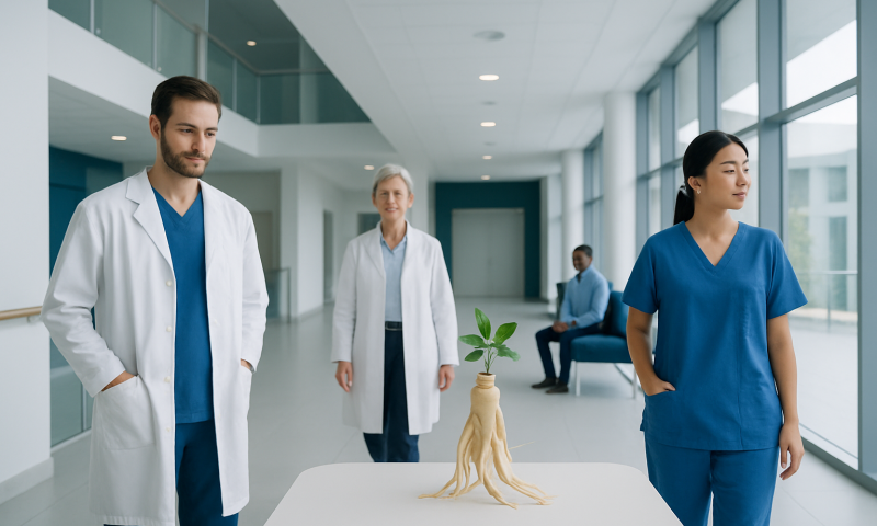 Medical professionals observing a ginseng plant in a hospital corridor.