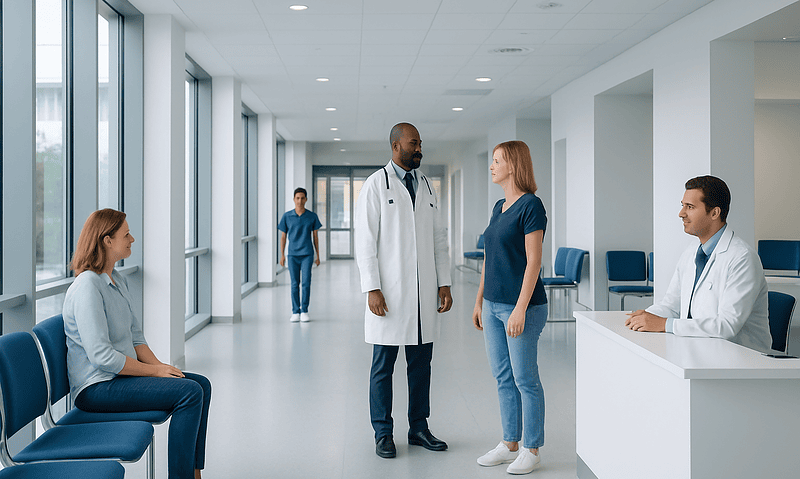 Medical staff and patients in a modern hospital corridor.