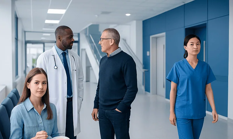 Medical professionals and a patient in a hospital corridor.
