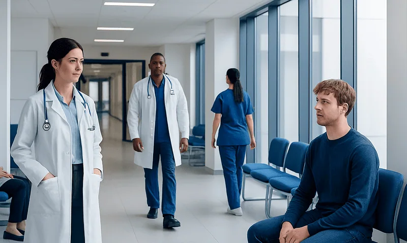 Medical consultation in a modern hospital corridor with doctors and patient.