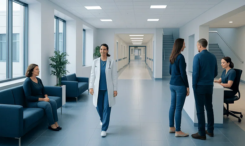 Modern hospital corridor with medical staff and patients in a healthcare setting.