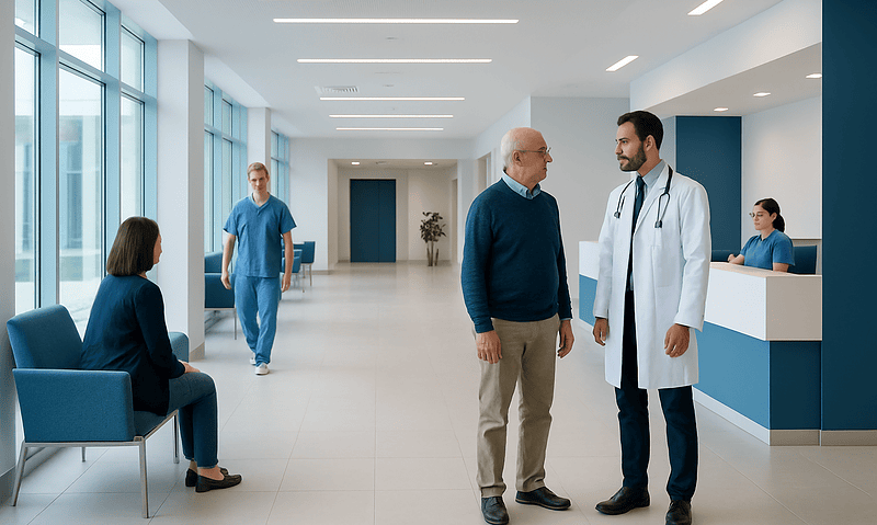 Modern hospital interior with doctors and patients engaging in consultation.