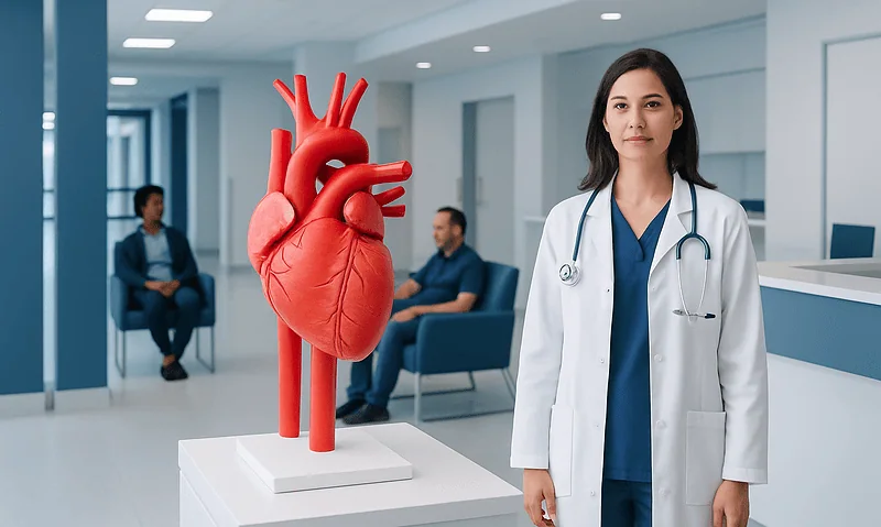 Medical professional with a heart model in a hospital corridor.
