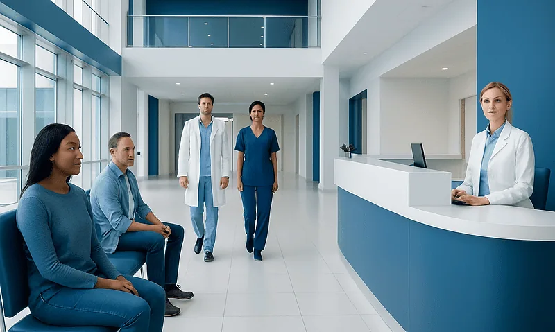 Medical team waiting in hospital lobby at Acibadem Hospitals Group.