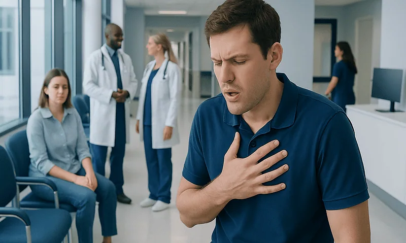 Man experiencing chest discomfort in a hospital corridor with medical staff nearby.