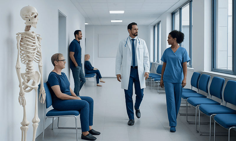 Medical team in hospital corridor with skeleton model and patients.