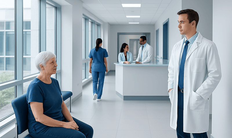 Doctor consulting elderly patient in hospital corridor at Acibadem Hospitals.