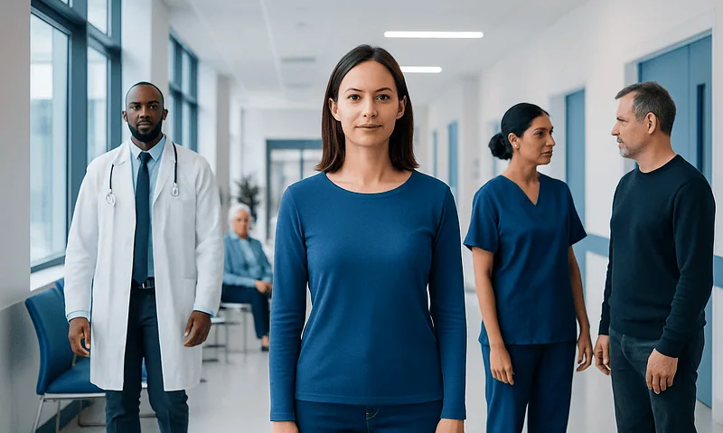 Medical team in hospital corridor with a female patient in the center.