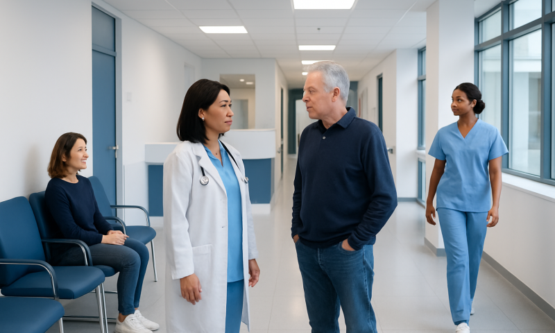 Doctor discussing with patient in hospital corridor with nurses nearby.
