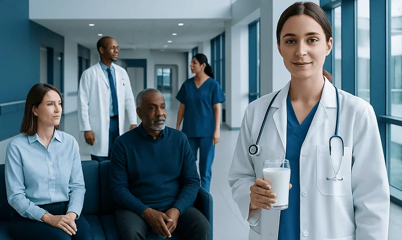 Healthcare professionals and patient in a modern hospital waiting area.