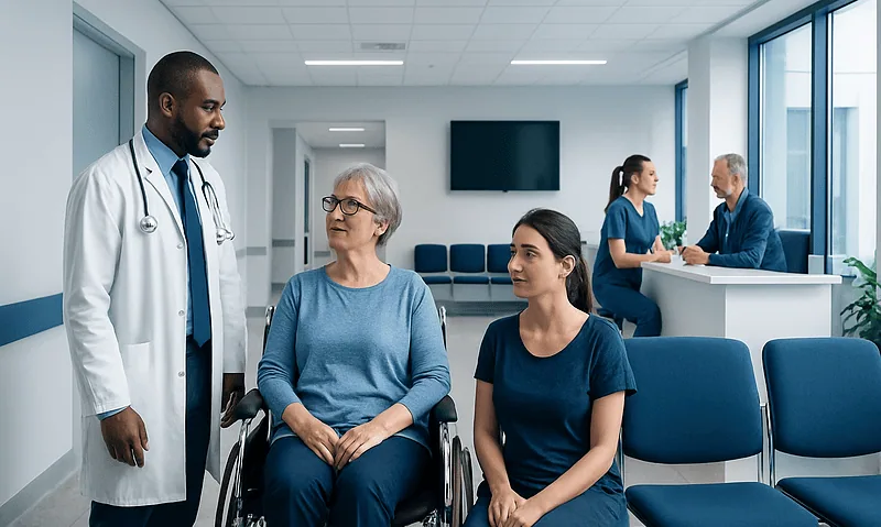Doctor consulting with elderly patient in hospital corridor.