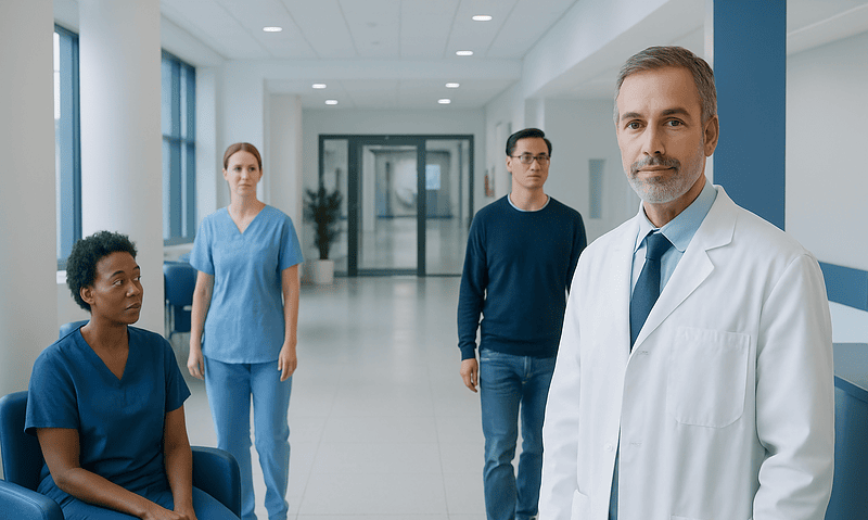 Medical team in hospital corridor with doctor and nurses.