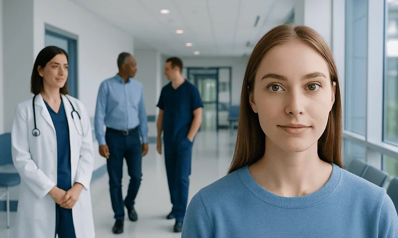 Young woman patient at Acibadem Hospital with medical staff in background.