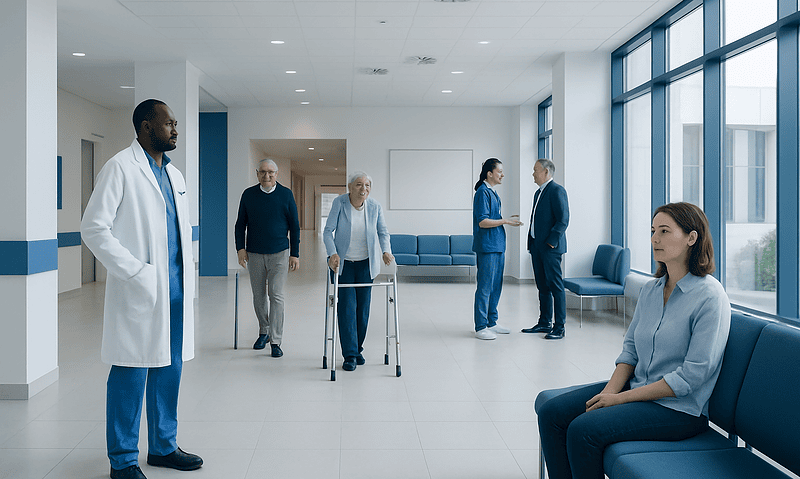 Hospital waiting area with elderly patients and medical staff.