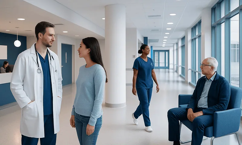Medical consultation in a modern hospital corridor with healthcare professionals and patient.