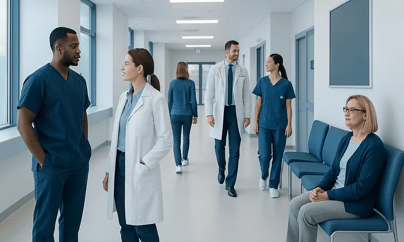 Medical professionals and staff in a hospital corridor at Acibadem Hospitals Group.