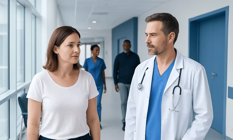 Doctor consulting a patient in a hospital corridor.