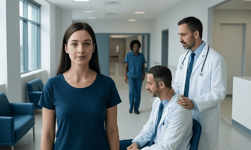 Young woman in hospital corridor with medical staff in background.
