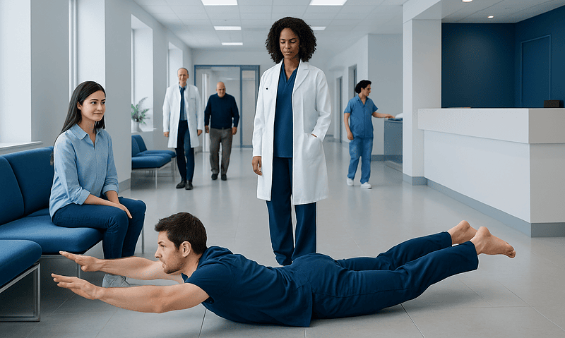 Patient performing Superman exercise in hospital corridor with medical staff nearby.